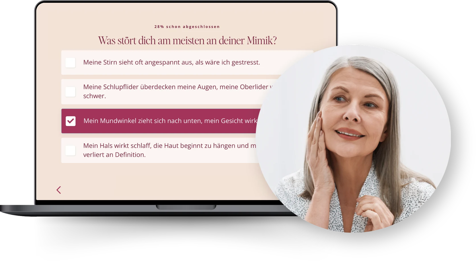 Vorschau des 0-€-Quiz auf einem Laptop, daneben das Porträt einer Teilnehmerin.
